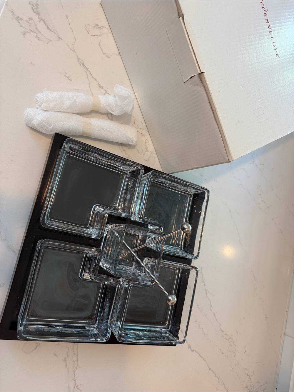 Glass Four-Section Serving Tray with 4 Picks - Clear and Black